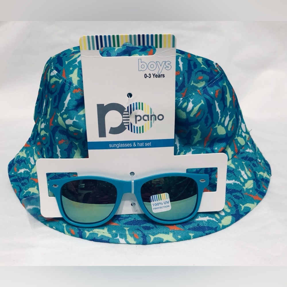 Boy’s 2 pieces set bucket hat and sun glasses sea creatures graphic. 0-3 years